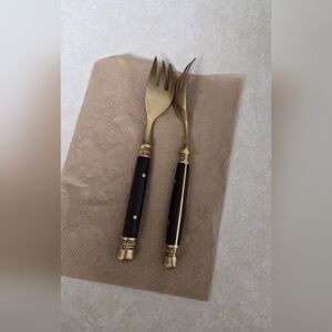 Vintage Mid-Century Brass & Wood Appetizer Forks - Set of 2 Boho Decor